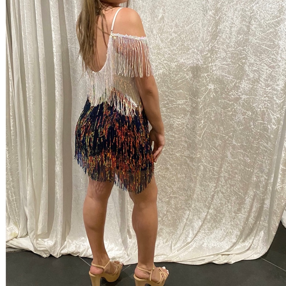 Banjul White Black Sequin Fringe Mini Dress Size